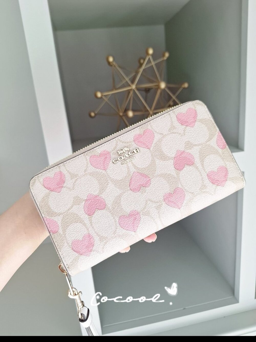 NWT Coach Long Zip Around Wallet In Signature Canvas With Pink Heart Print